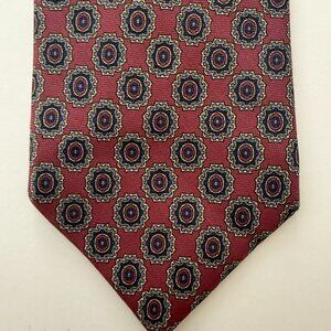 Tom James Hand Made Silk Tie Burgundy Medallion Geometric Pattern